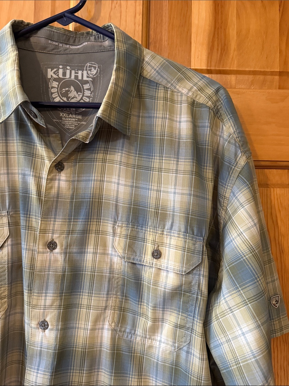 Kuhl Men's Olive, Tan, and Blue Plaid Short-Sleeve Shirt